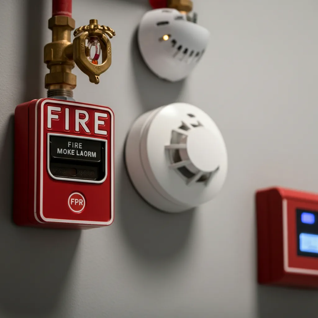 A highly detailed, photorealistic close-up of a modern fire suppression